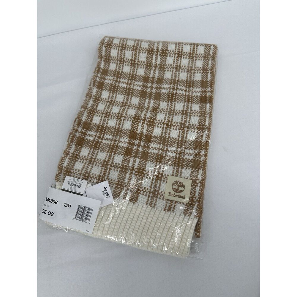 Timberland Buffalo Plaid Scarf Caramel‎ & Cream Knit Tan White One Size NWT $60